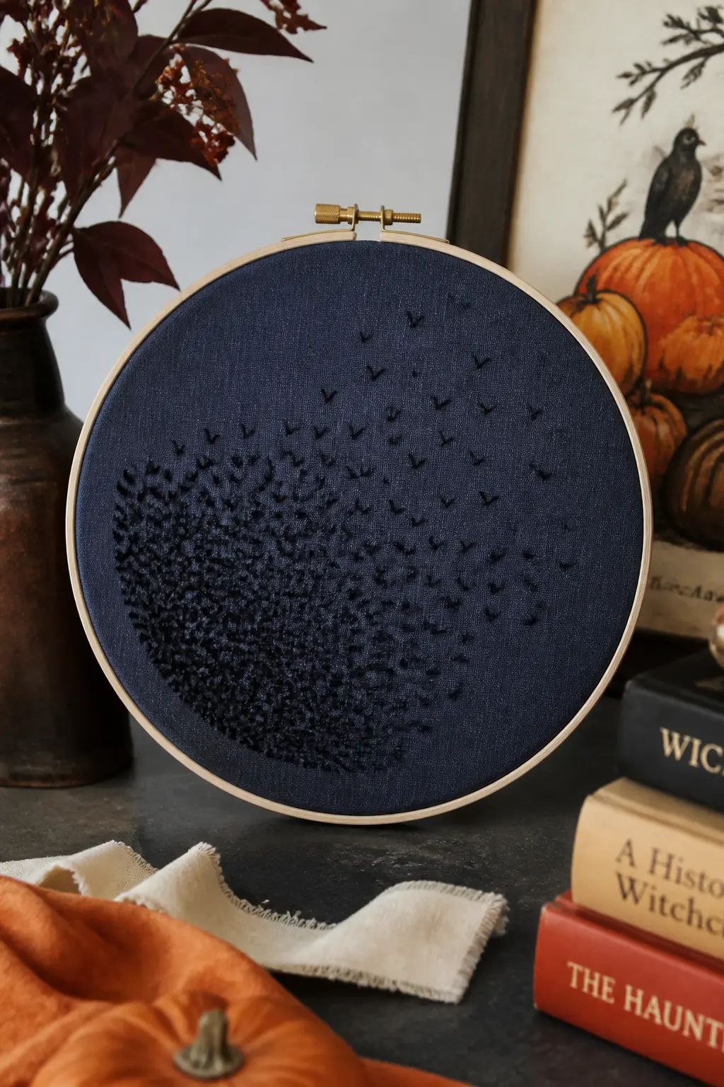 Starling Murmuration — Dozens of tiny v-shaped birds in a single strand of near-black thread, scattered across dark indigo linen in a loose murmuration pattern