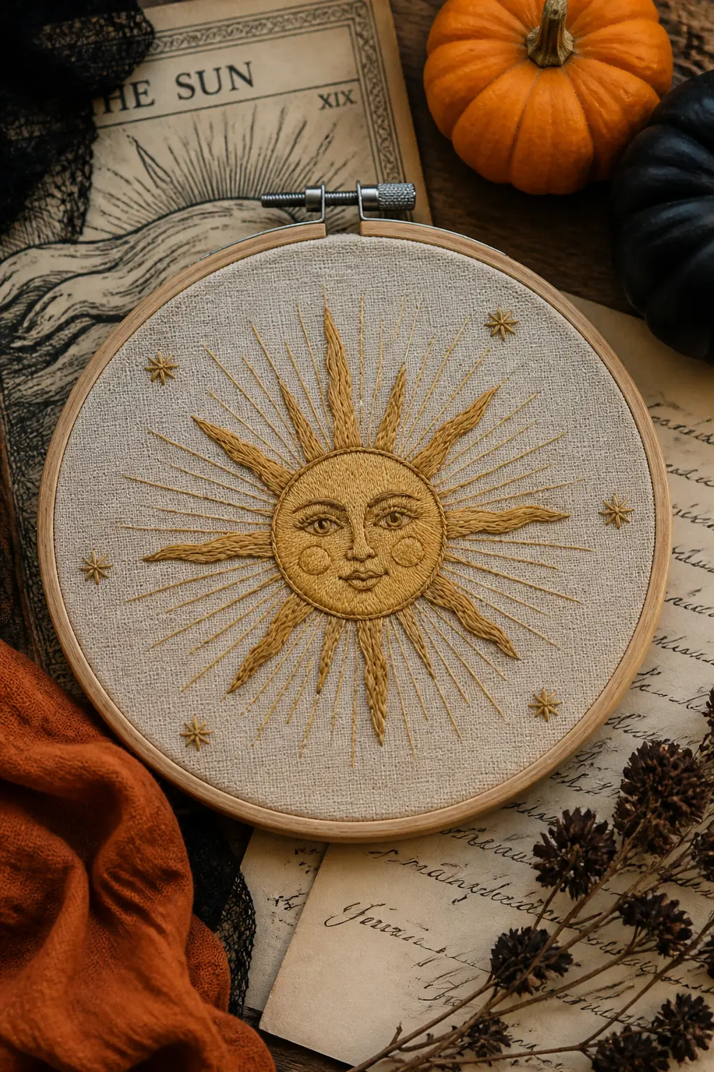 Tarot Card Sun Motif — A round sun face in satin stitch with long straight-stitch rays radiating outward, worked in warm gold and pale amber. Halloween