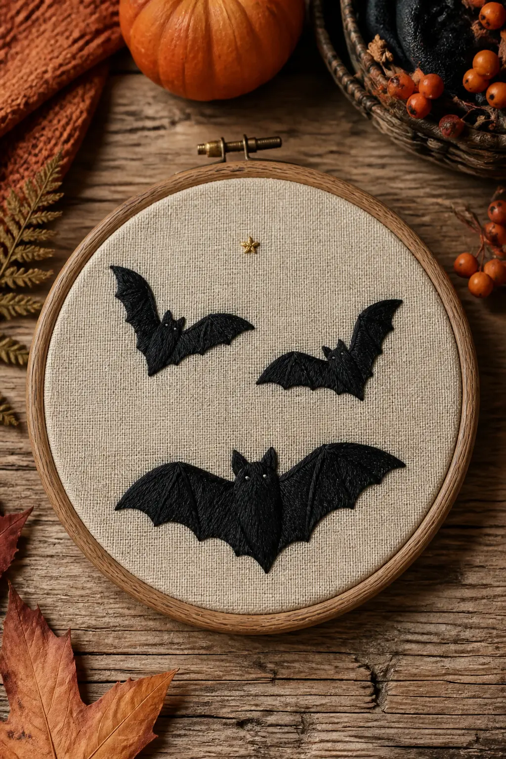 Three Bats in Flight — Three bats stitched in satin stitch, each angled differently and each a slightly different size, scattered across natural linen inside a