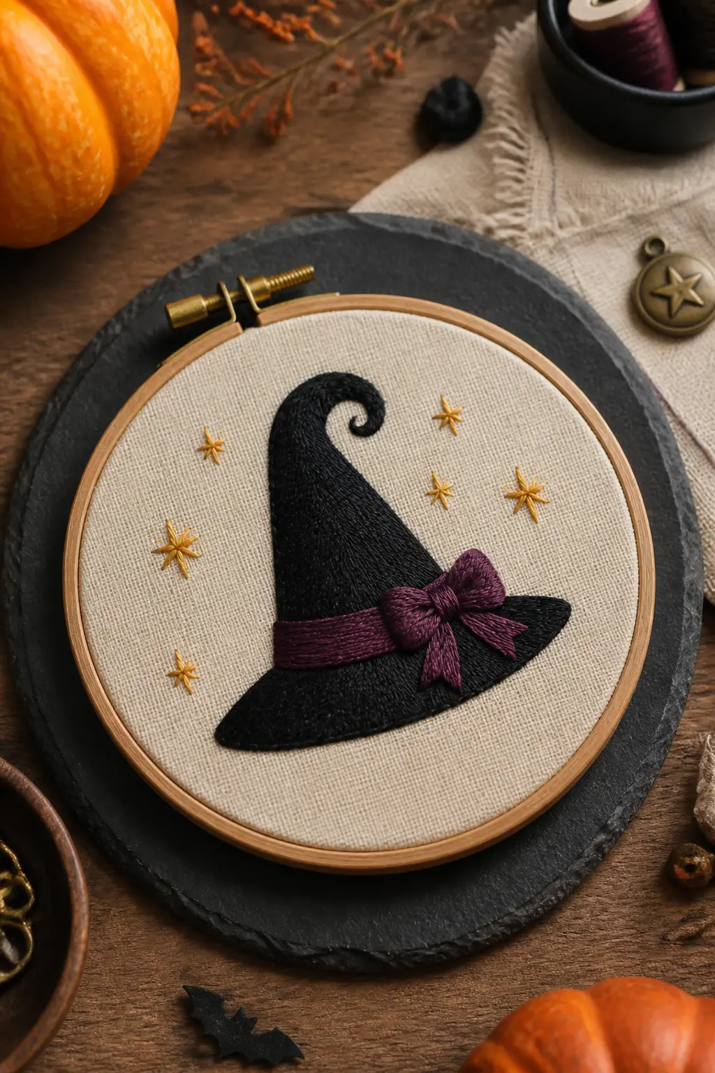Witch Hat with a Ribbon — A side-profile witch hat in satin stitch, with the brim worked in two close rows of chain stitch to give it a slightly raised edge.
