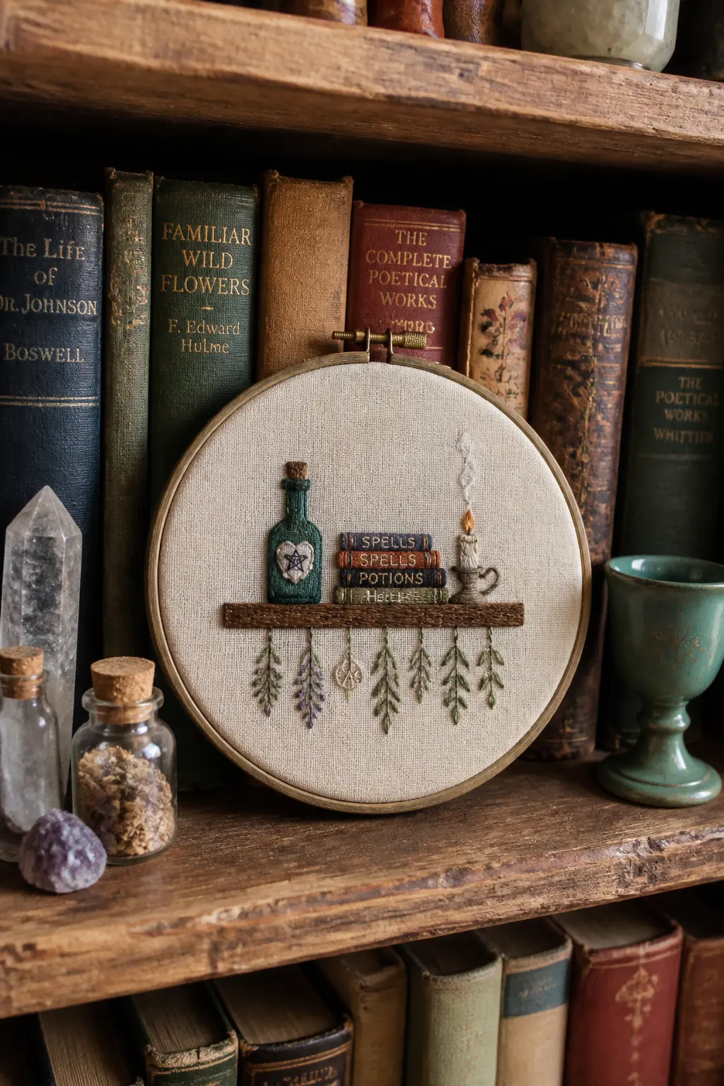 Witchcraft Shelf Scene — A tiny shelf in split stitch with three objects on it: a round potion bottle in dusty teal, a small stack of two books in dark brown