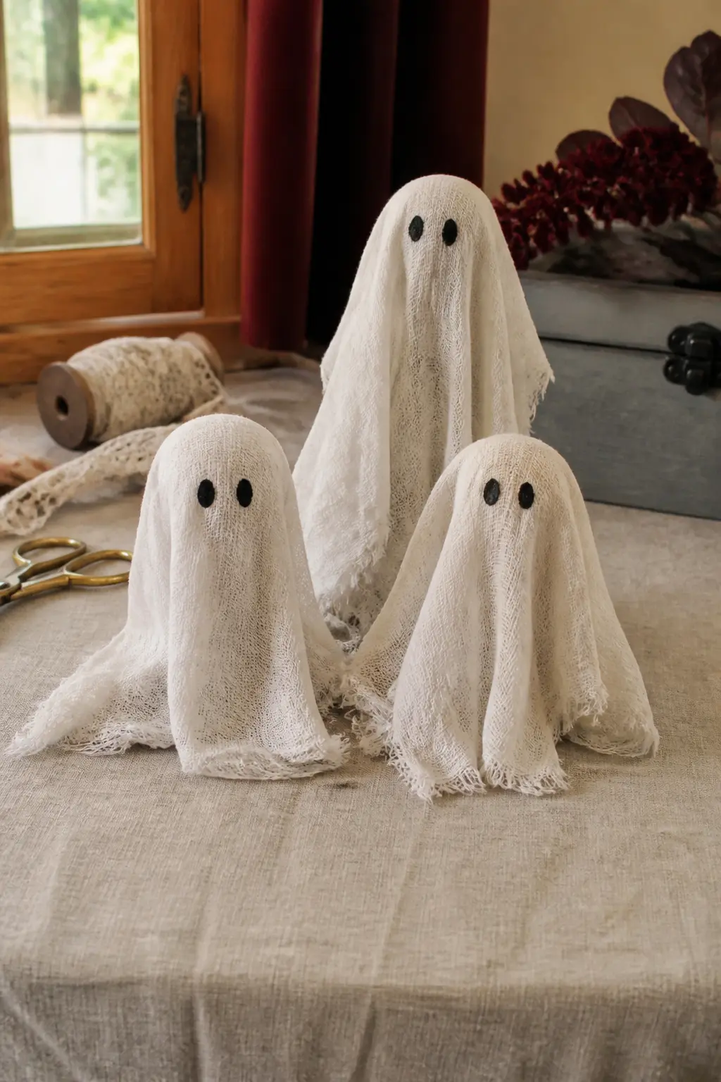 Cheesecloth Ghost Doll — Crumple a ball of polyfill into a rough sphere for the head. Halloween fabric crafts