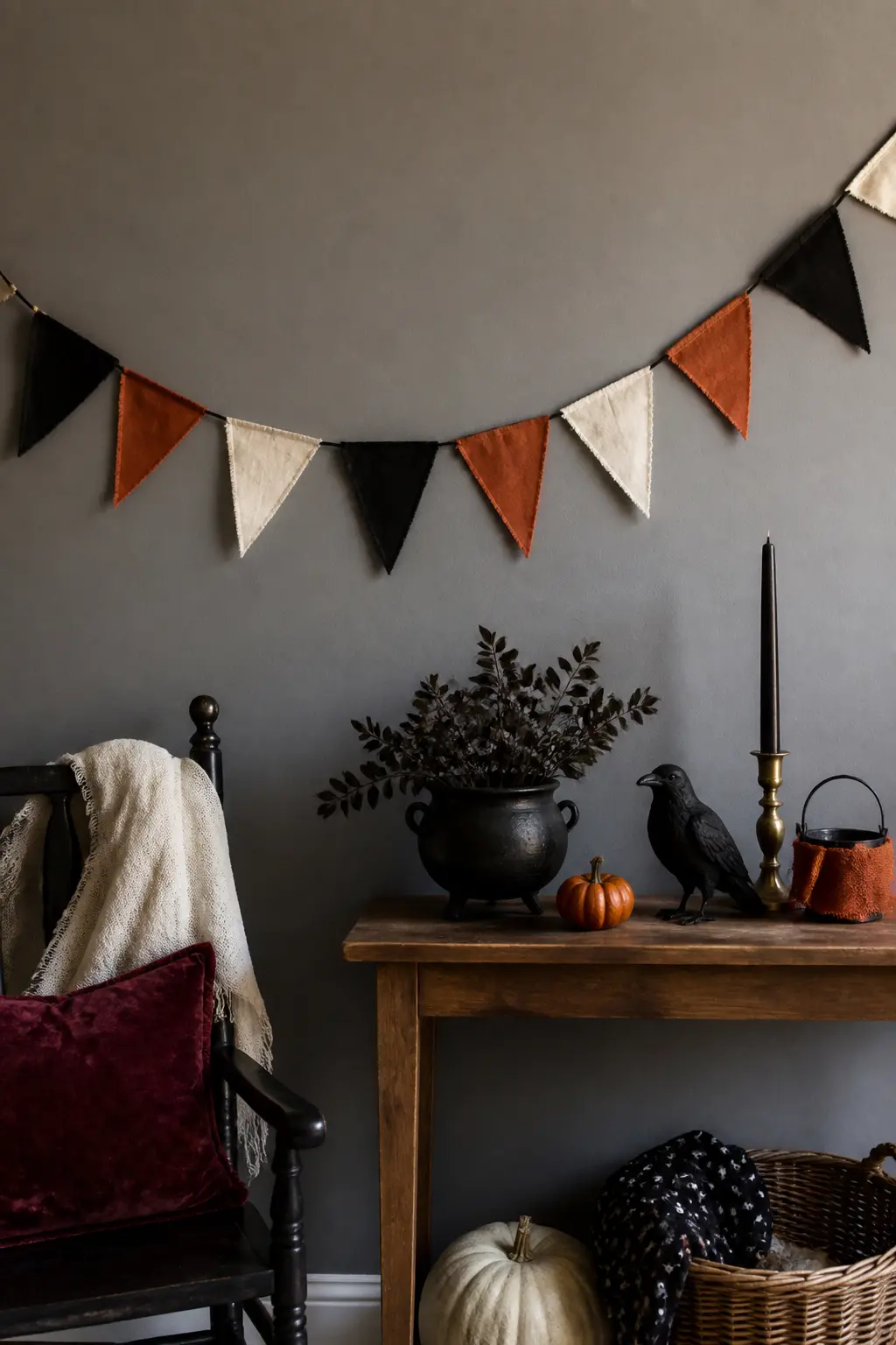 Fabric Pennant Bunting with Raw Edges — Cut triangles from black, rust and ivory cotton fabric using pinking shears on all three edges. Halloween fabric crafts