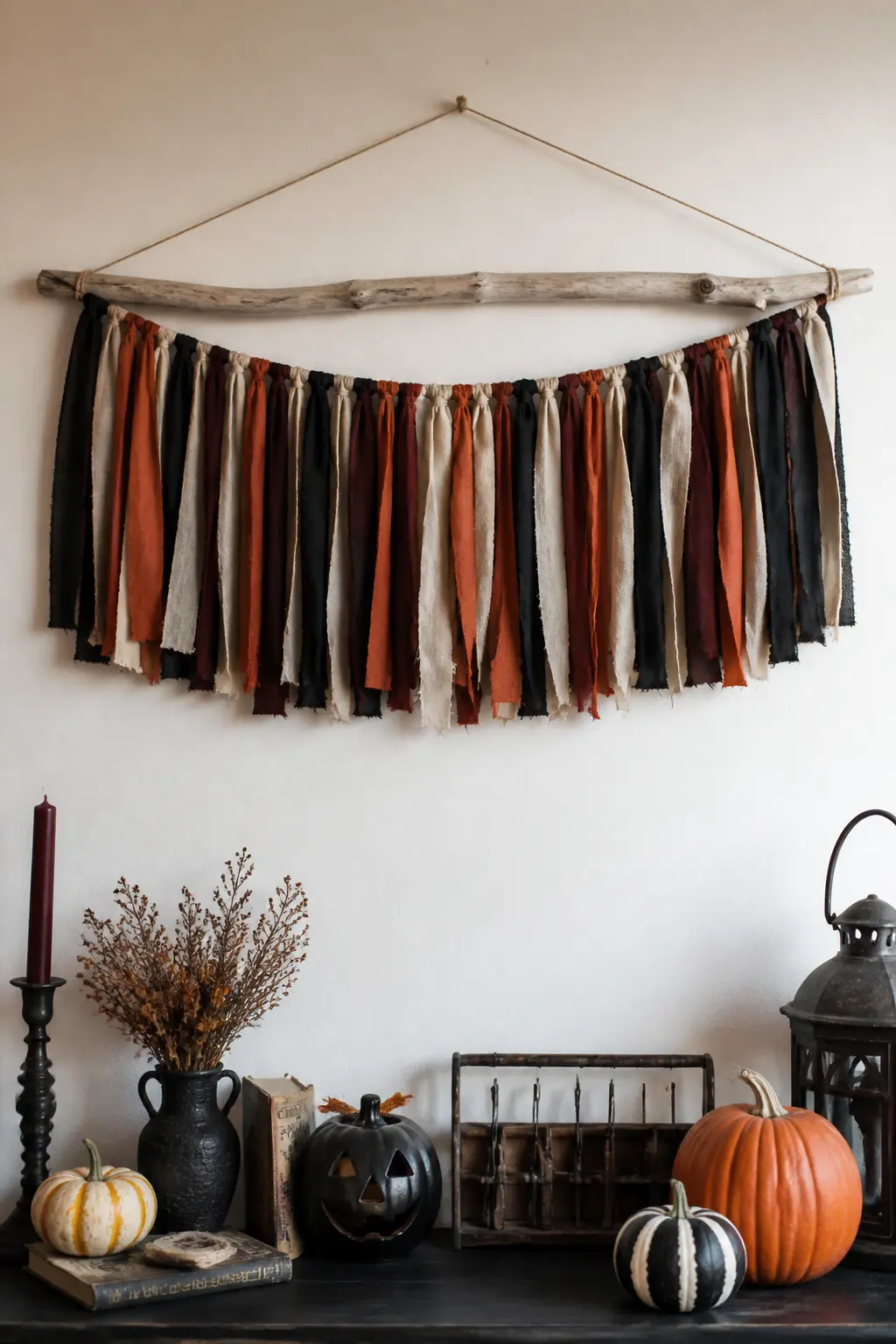 Fabric Scrap Fringe Banner — Cut cotton and linen scraps into strips roughly two centimetres wide and fifteen centimetres long, using pinking shears on some