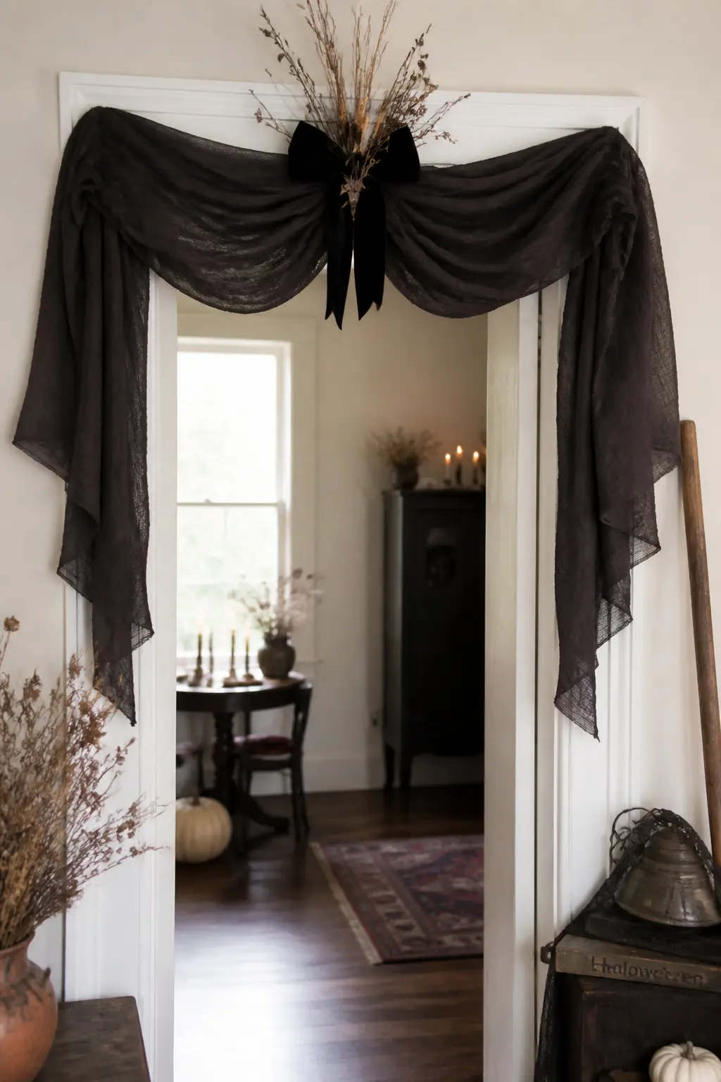 Gathered Fabric Swag Door Drape — Cut a long rectangle of black or dark burgundy linen, about two metres by forty centimetres. Halloween fabric crafts