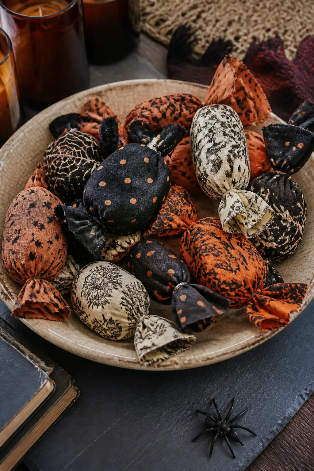 Stuffed Fabric Candy Bowl Fillers — These are the same wrapped-candy pillow shapes from the sculptural section, but this version leans into the table-display