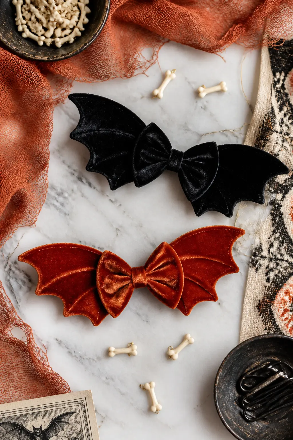 Velvet Bat Bow Hair Clip — Cut bat wings from a scrap of black velvet or faux suede, two mirror-image pieces with the pointed lobes of a bat silhouette along