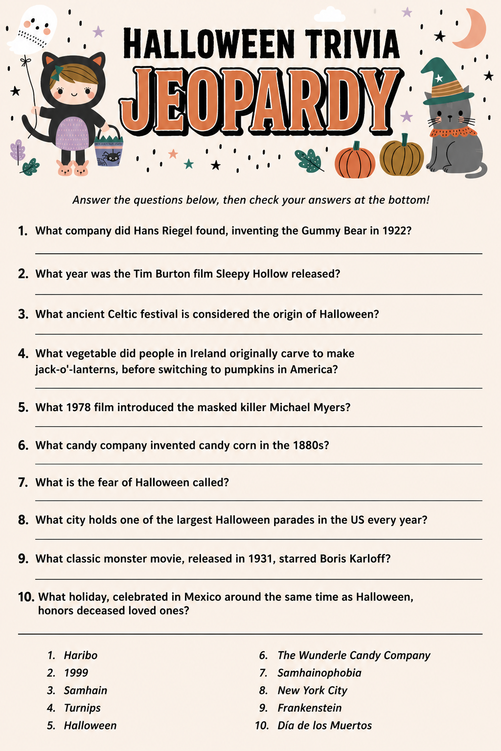 Halloween Trivia Jeopardy Board printable