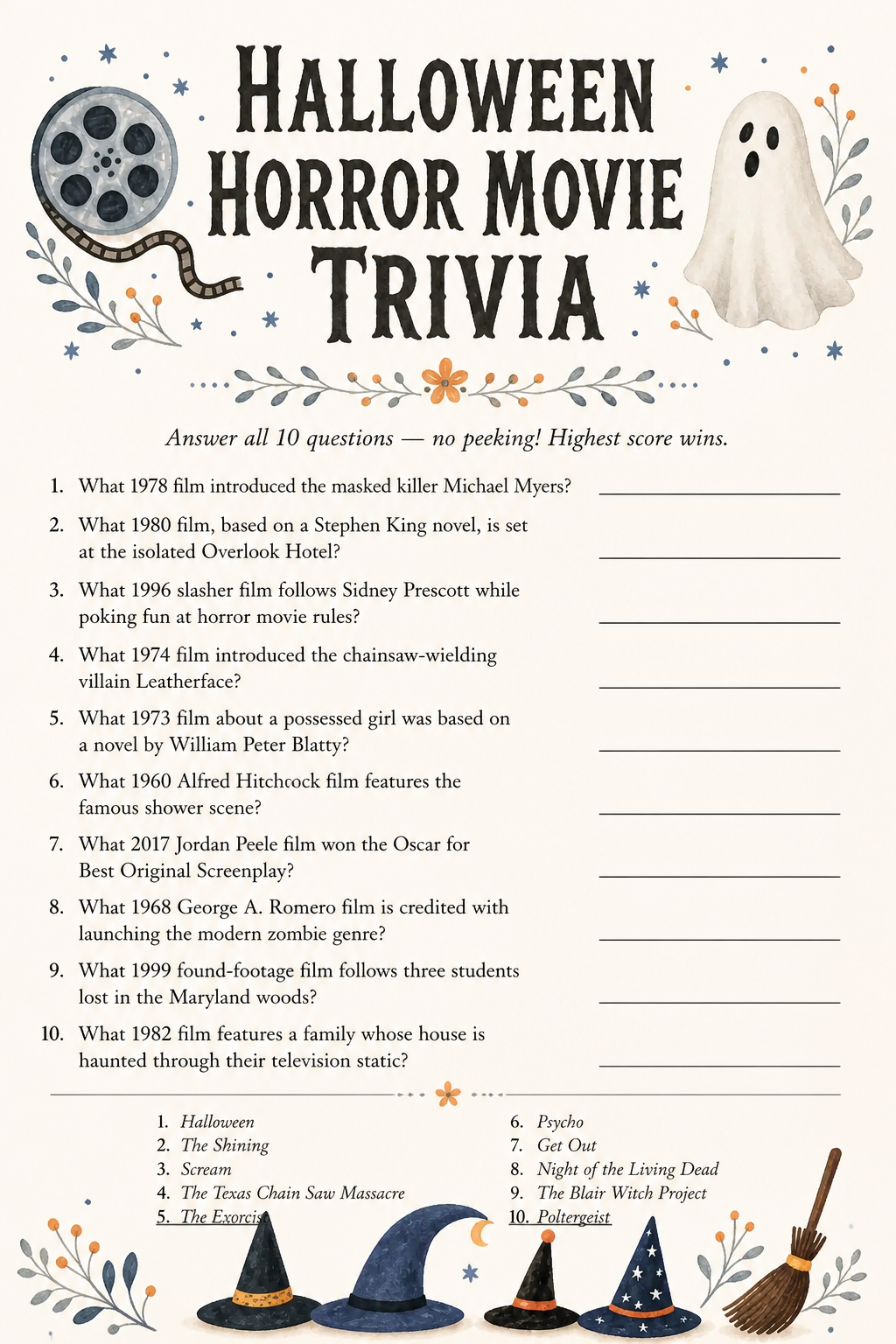 Halloween Horror Movie Trivia printable