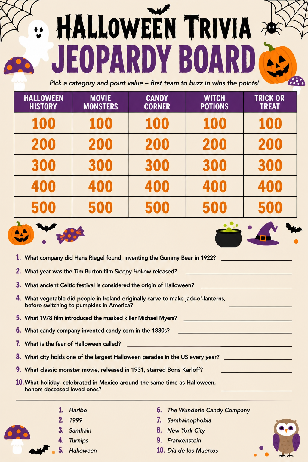 Halloween Trivia Jeopardy Board printable