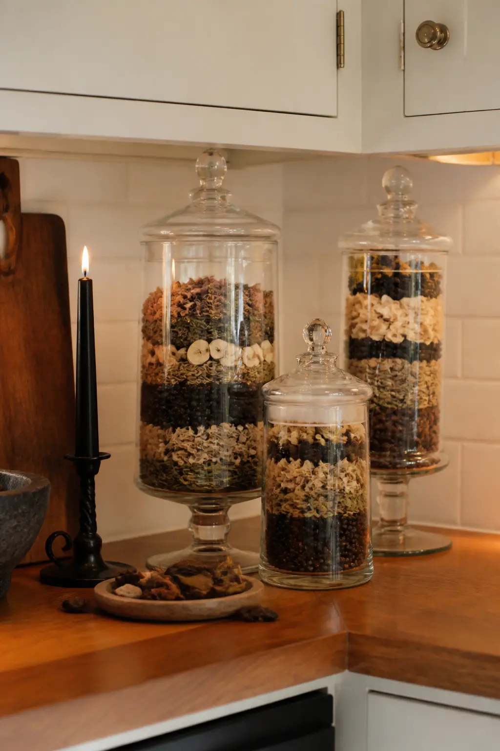 The Apothecary Corner — Three apothecary-style glass jars in graduated heights, each filled with something from the pantry: black sesame seeds, dried orange