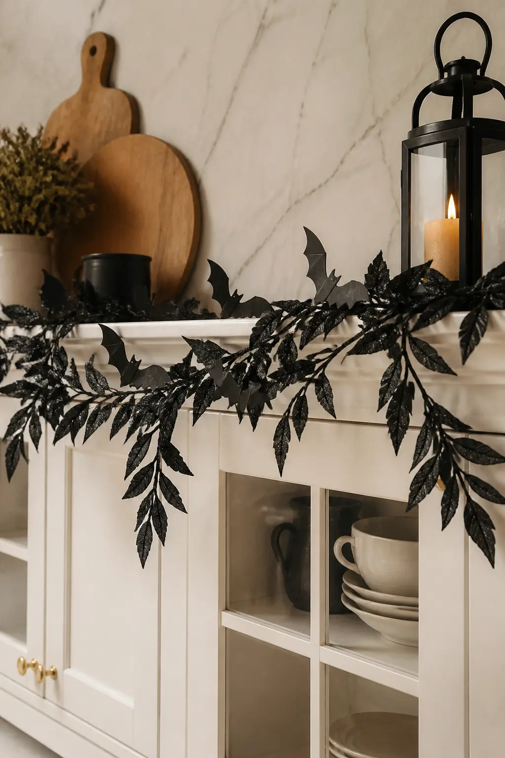 The Bat Garland and Black Leaf Swag — A black glitter leaf garland runs along the top cabinet edge, pinned loosely so it dips between the doors. Halloween