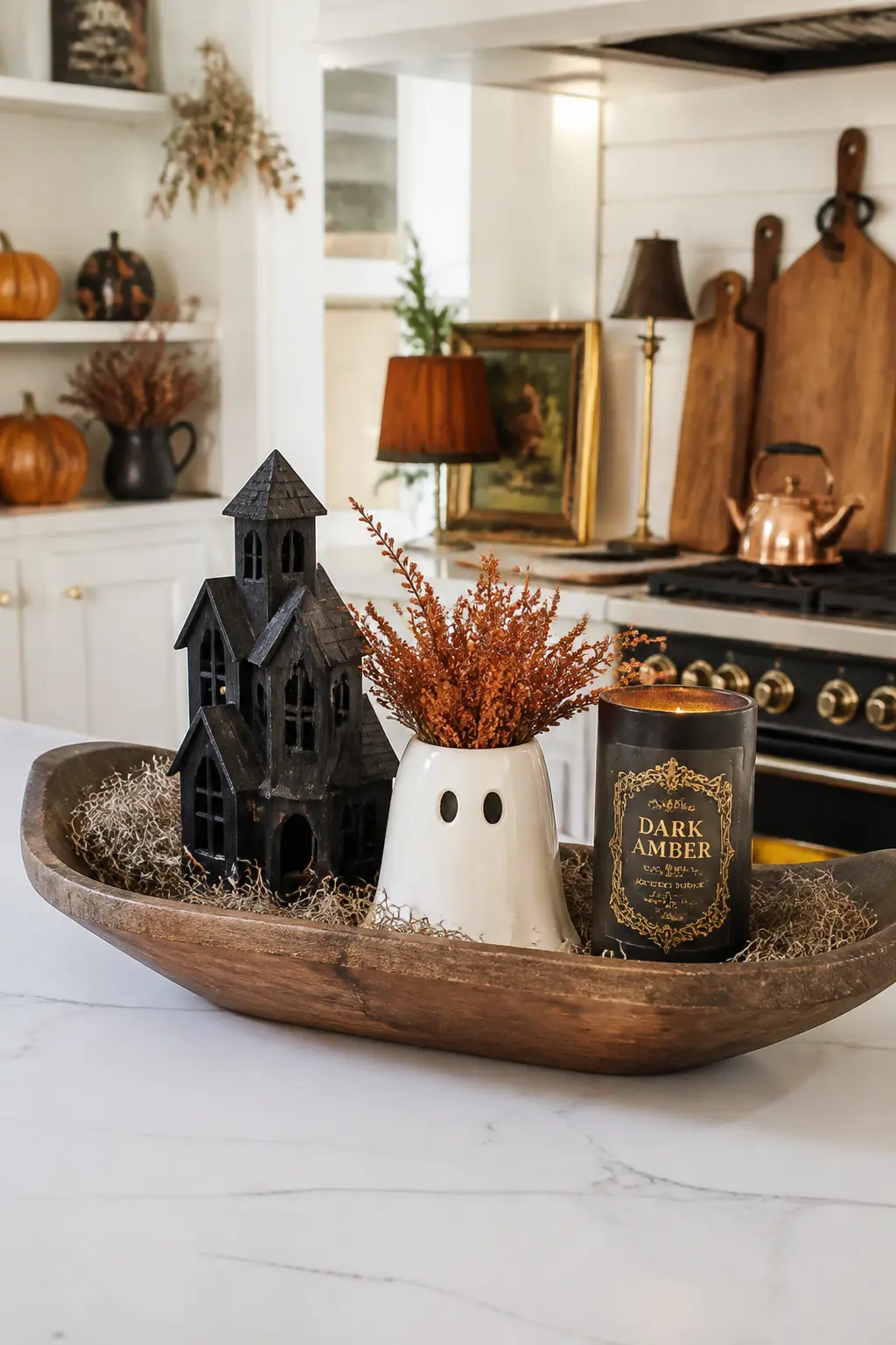 The Ghost-and-Haunted-House Tray — A dough-bowl tray holds a small black wooden haunted house, a ceramic ghost planter stuffed with dried rust-coloured