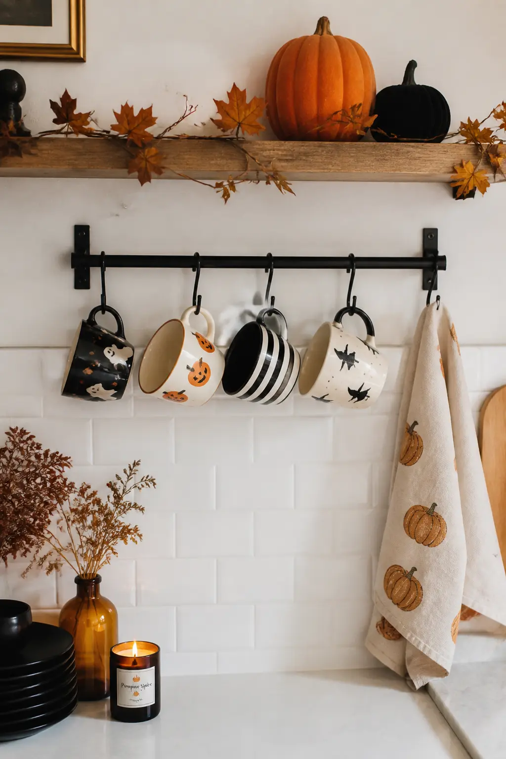 The Halloween Mug Rail — A wall-mounted iron rail with S-hooks turns a rotation of seasonal mugs into a display. Halloween kitchen decorations