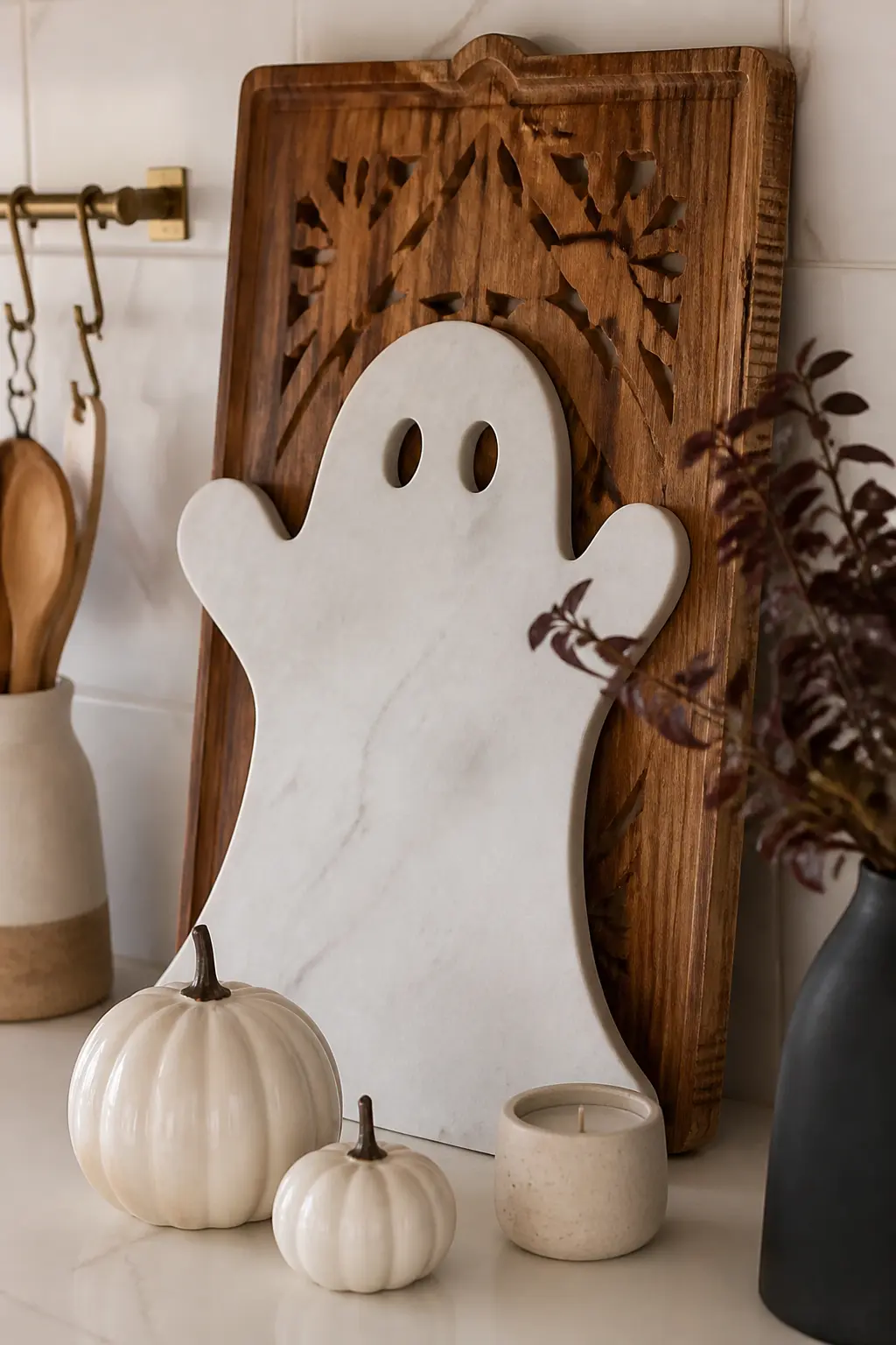 The Marble Ghost Vignette — A marble ghost cheese board leaned against a carved wooden cutting board creates instant seasonal personality without a single