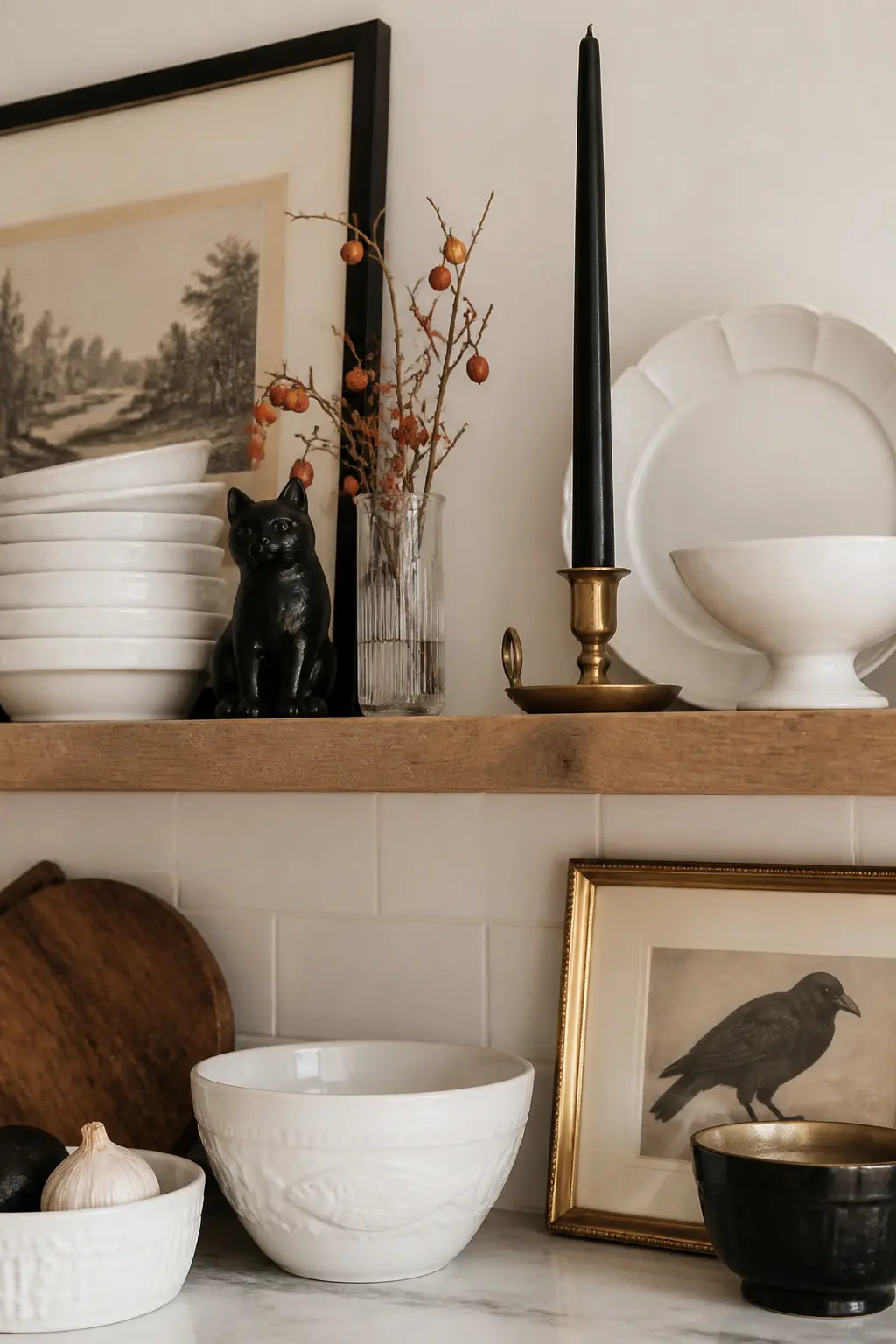 The Open Shelf Swap — Pull two or three everyday items off one open shelf and replace them with a small black cat ceramic, a cluster of dried rosehips in a bud
