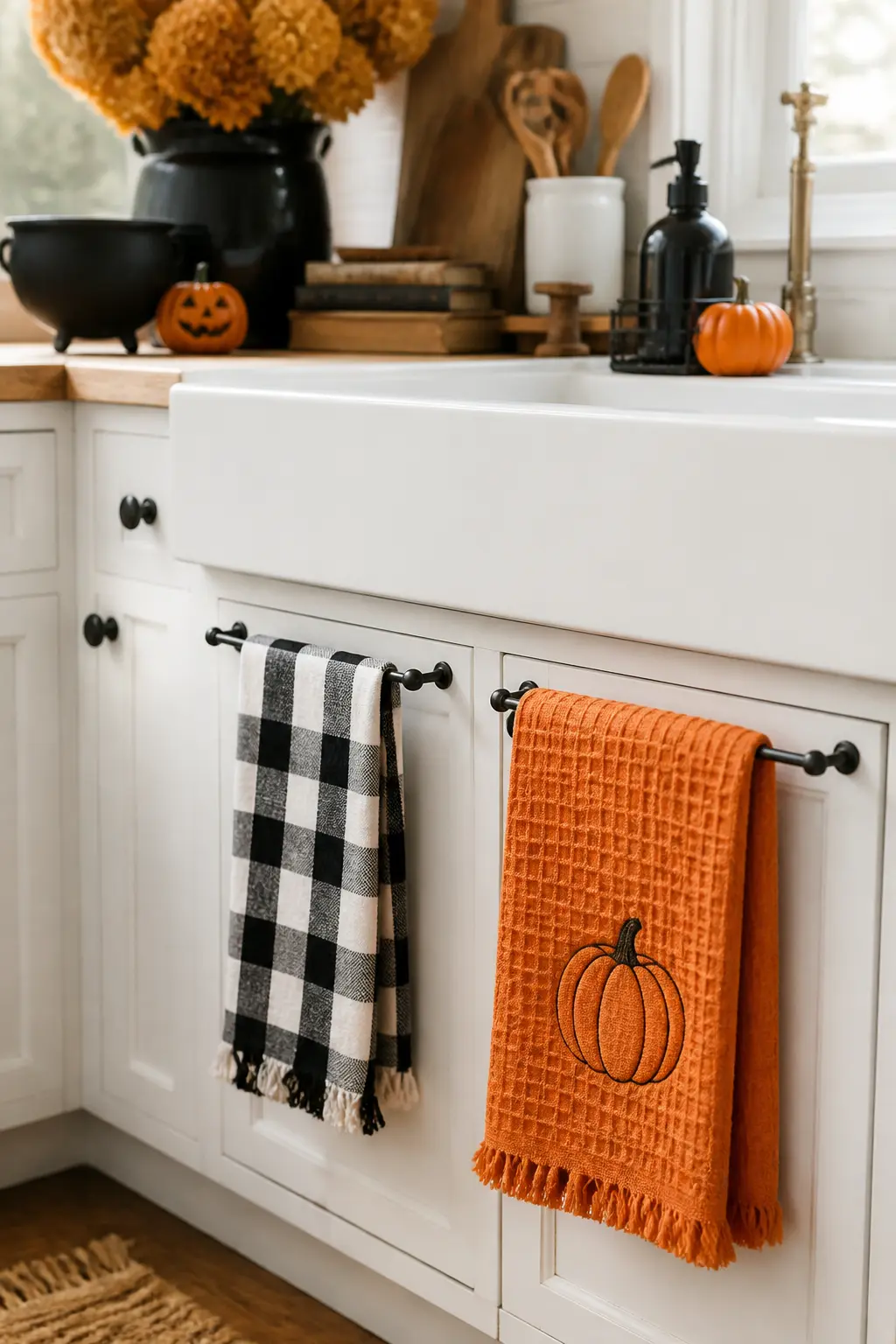 The Orange-and-Black Hand Towel Set — The sink area sees the most foot traffic in any kitchen. Halloween kitchen decorations