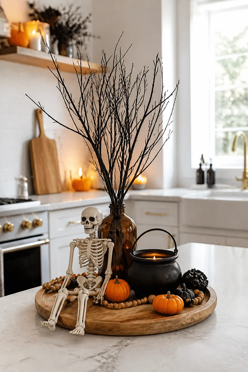 The Skeleton Tray Centrepiece — A round wooden lazy-Susan tray anchors the whole thing. Halloween kitchen decorations