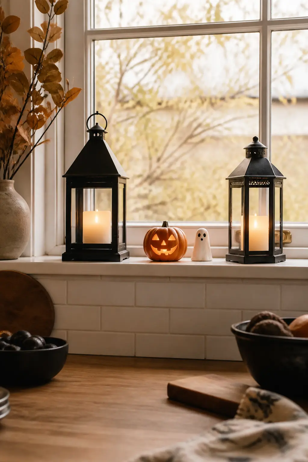 The Window Sill Lantern Scene — Two black metal lanterns of different heights sit on the windowsill, each holding a pillar candle. Halloween kitchen decorations