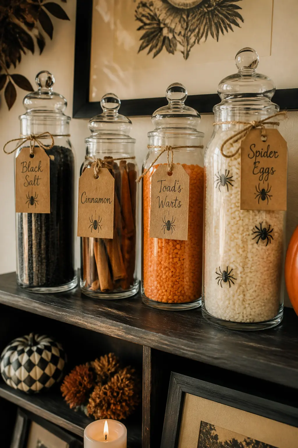 Apothecary Jar Shelf Display — Clear apothecary jars filled with things that photograph beautifully and cost next to nothing: black salt, dried black beans