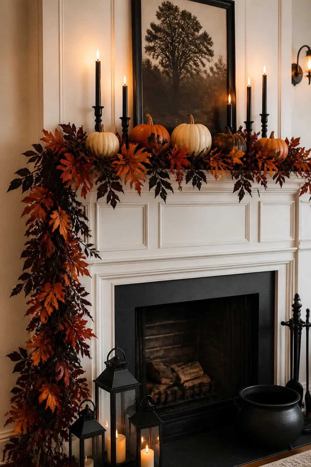 Black-and-Burnt-Orange Garland Mantel — A garland built from faux maple leaves in rust, amber and near-black anchors the mantel without a single plastic