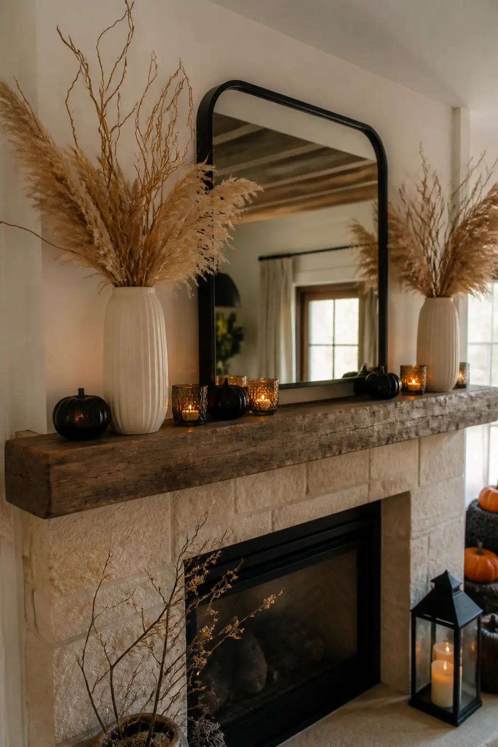 Dried Pampas and Bare Branch Mantel Arrangement — Dried pampas grass in cream and champagne tones, mixed with bare curly willow branches, sits beautifully in a