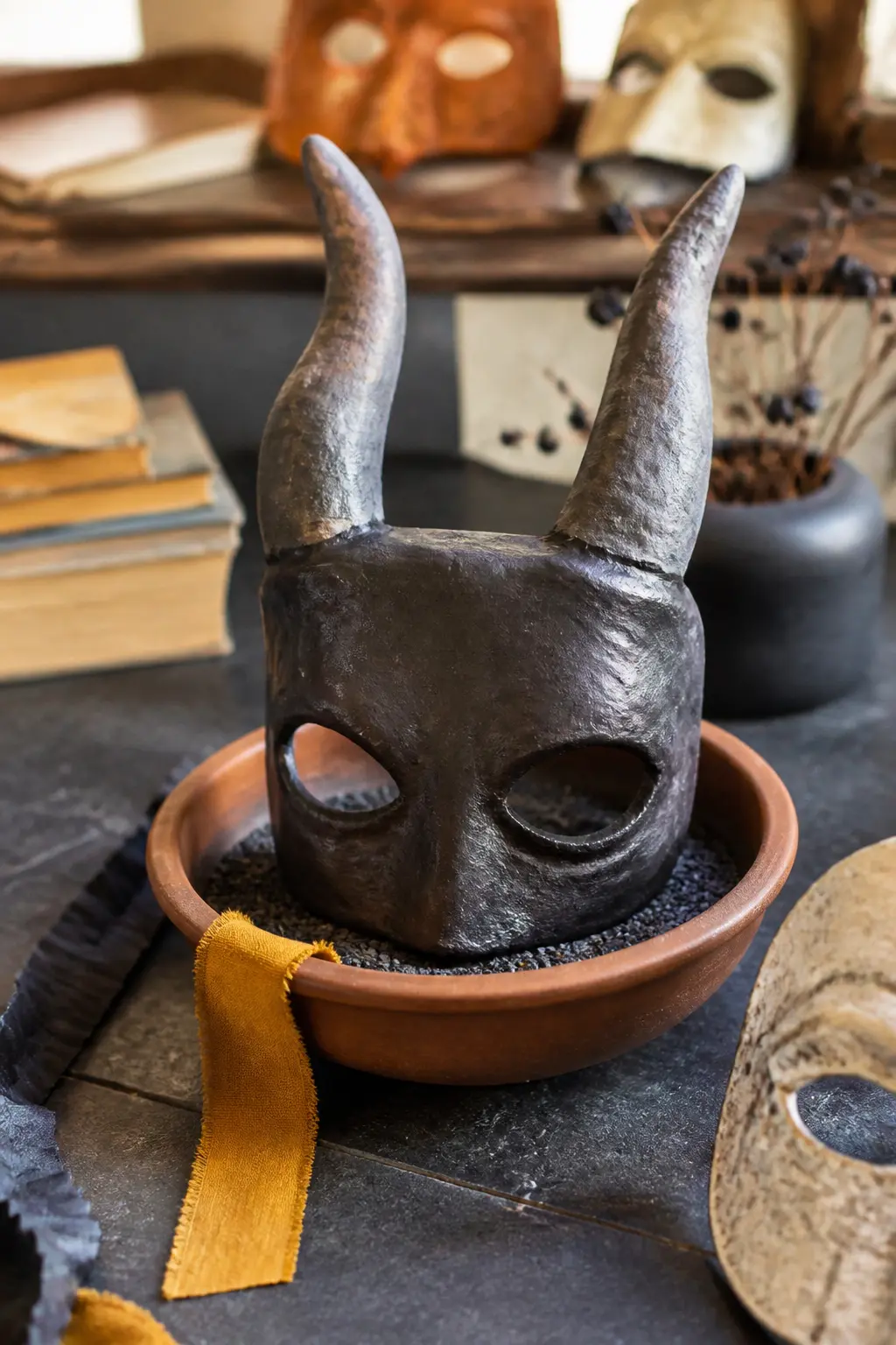 Air-Dry Clay Horned Mask — The base is a papier-mache half-mask blank, fully cured and sanded. Halloween masks diy