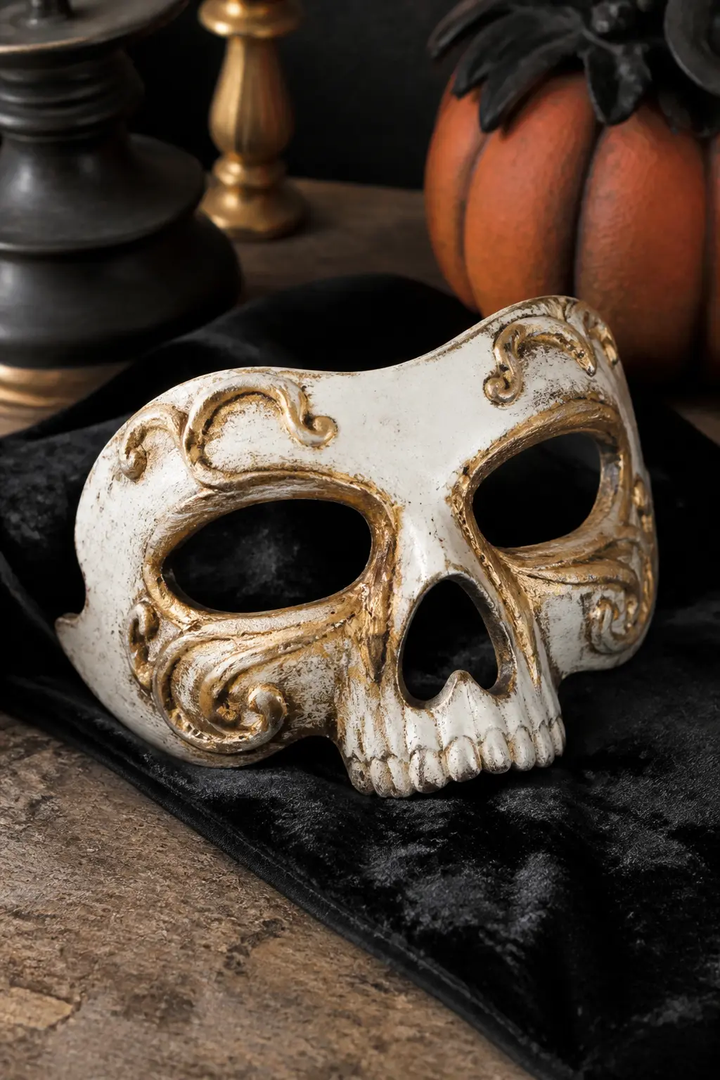 Baroque Skull Half-Mask — A half-mask blank carries papier-mache cheekbones and a sculpted brow ridge built from crumpled tape-covered foil before the paste