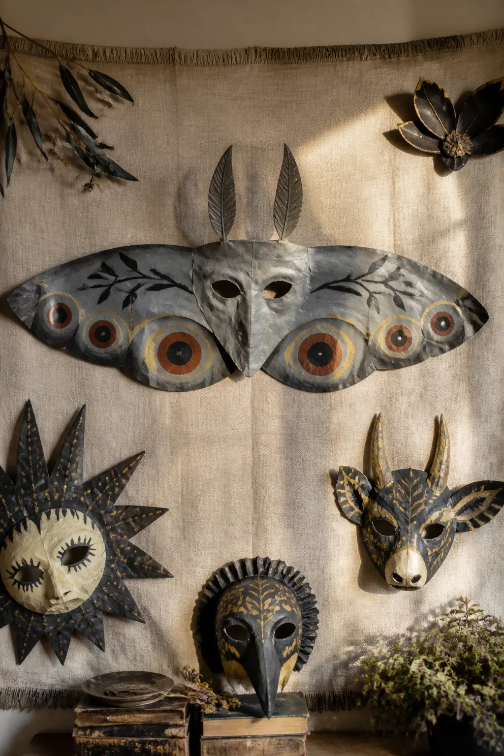Botanical Moth Mask — Cut oversized moth wing extensions from 2mm grey foam and attach them to the sides of a papier-mache half-mask blank with contact cement