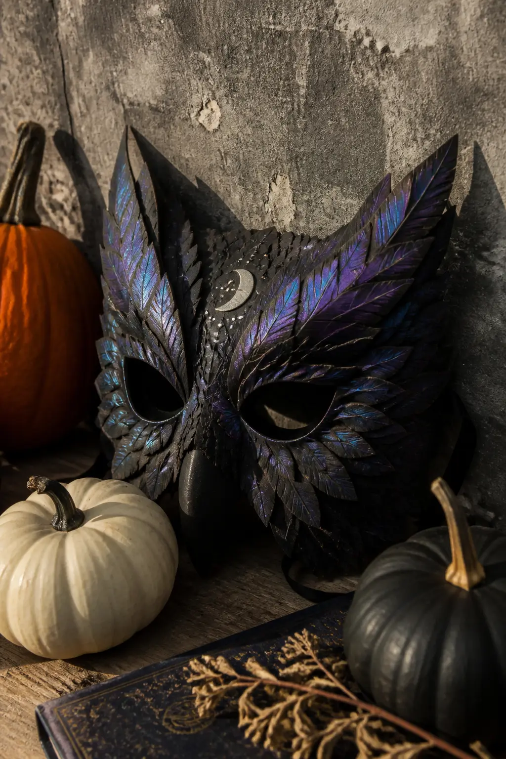 Celestial Owl Mask — Cut the main owl face shape from 6mm black foam: wide at the brow, narrowing to a pointed chin, with large circular eye surrounds