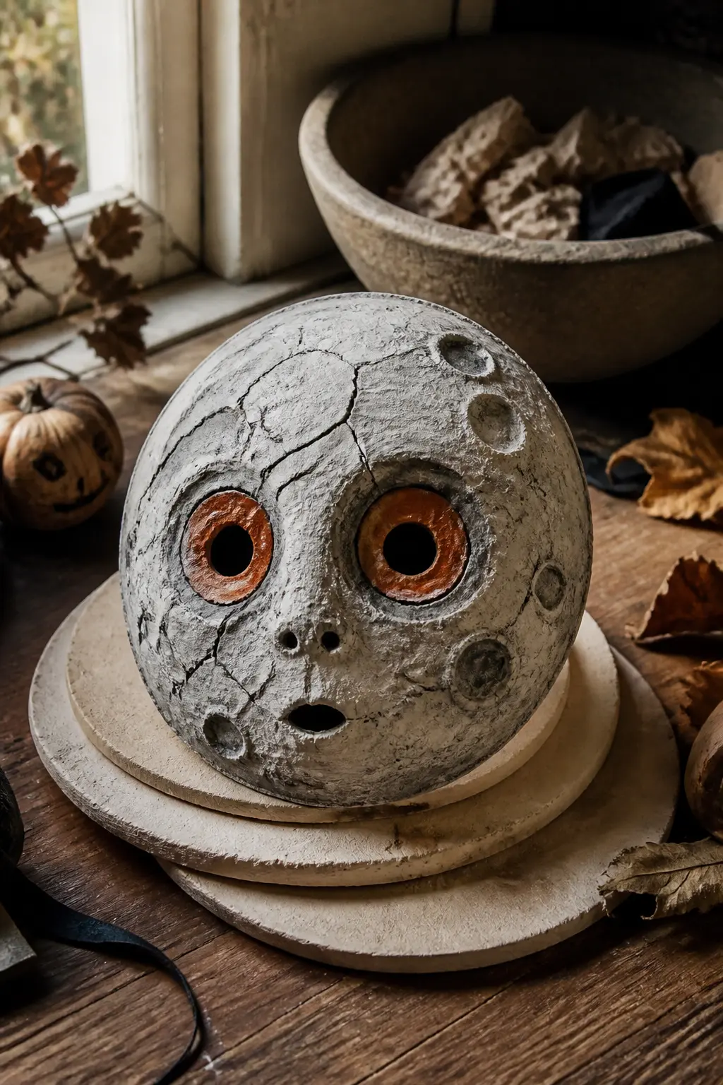 Cracked Moon Face Mask — Start with a plastic mask blank as the armature so the eye holes land correctly. Halloween masks diy