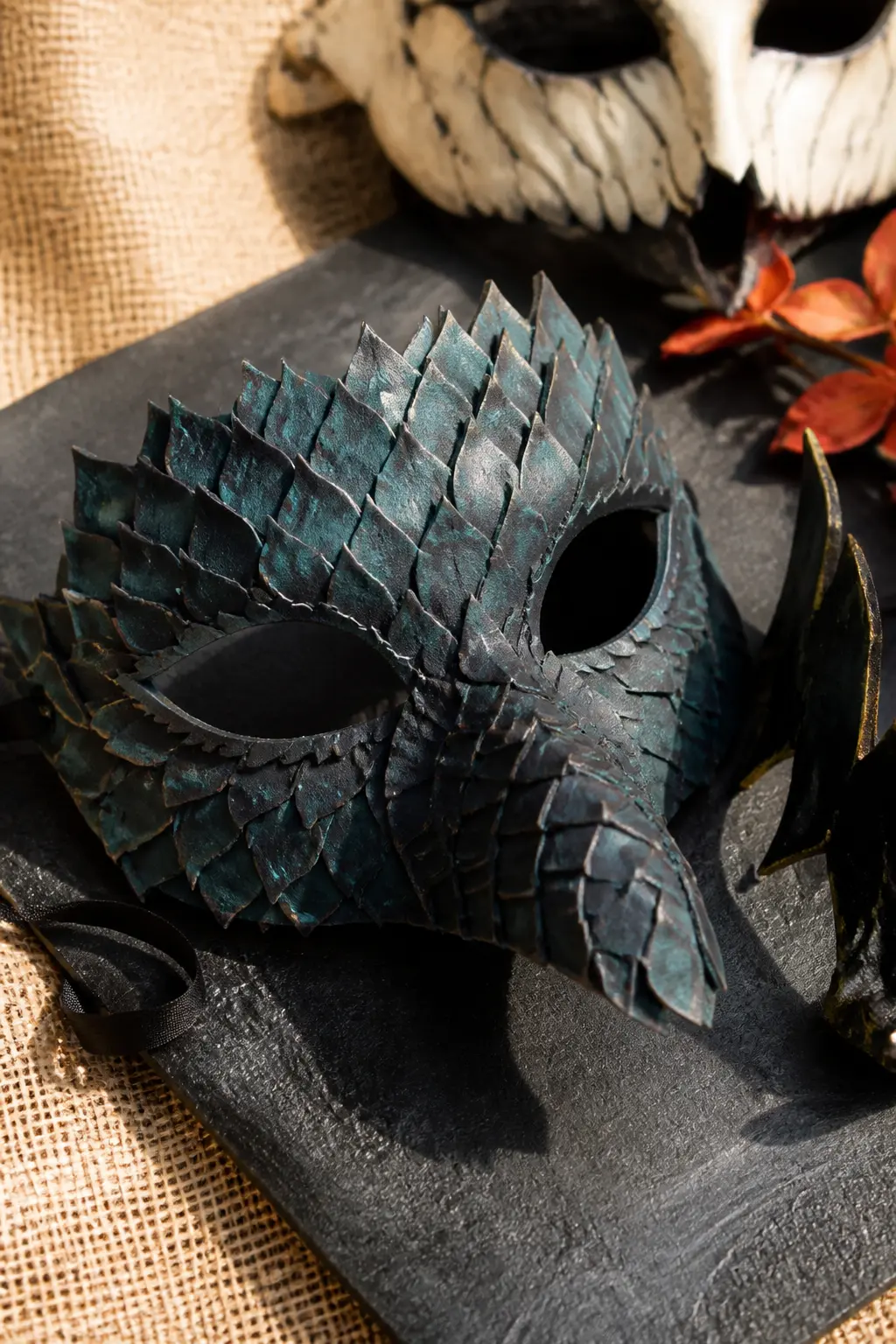 Dragon Scale Half-Mask — The base is a standard half-mask cut from 4mm black EVA foam. Halloween masks diy