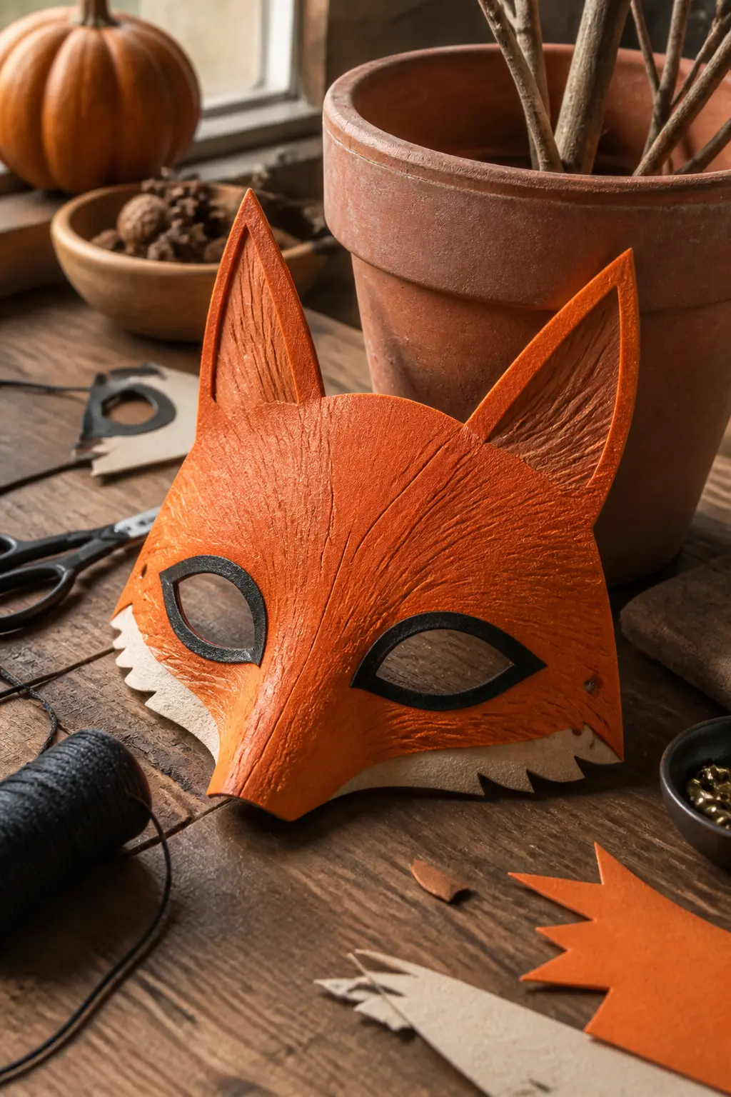 Harvest Fox Half-Mask — Cut the basic half-mask shape from 4mm orange craft foam, then cut two pointed ear extensions from the same sheet and heat-bend them
