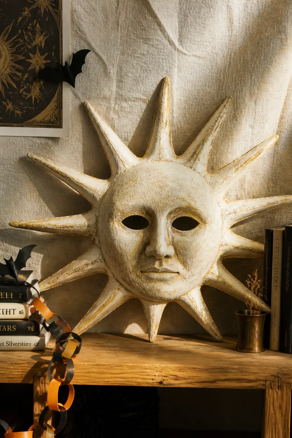 Papier-Mache Sun God Mask — Build the base face over a balloon inflated to roughly head size, taping a cardboard nose cone in place before the first layer of