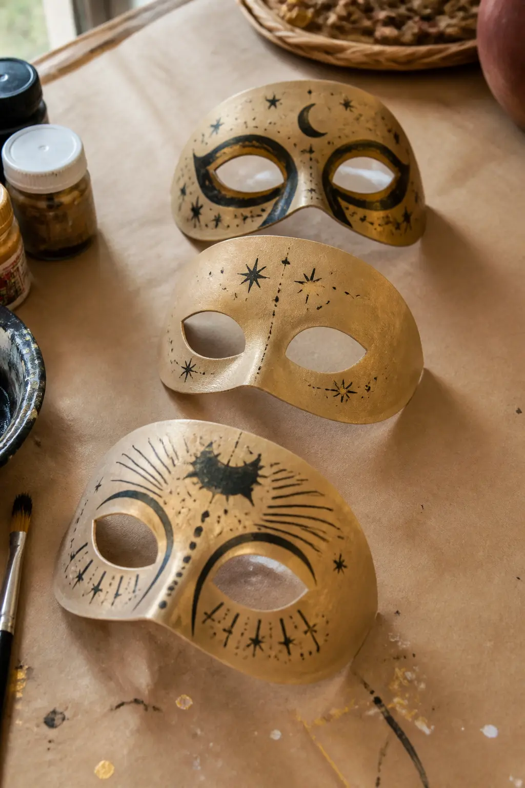 Printed Template Celestial Half-Mask — Print a simple half-mask template on card stock, cut out the eye holes and trim the silhouette. Halloween masks diy