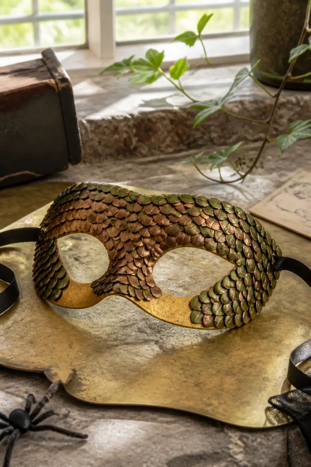 Snake Scale Cheek Mask — A minimal half-mask that covers only the eyes and cheeks, cut from 4mm gold craft foam. Halloween masks diy