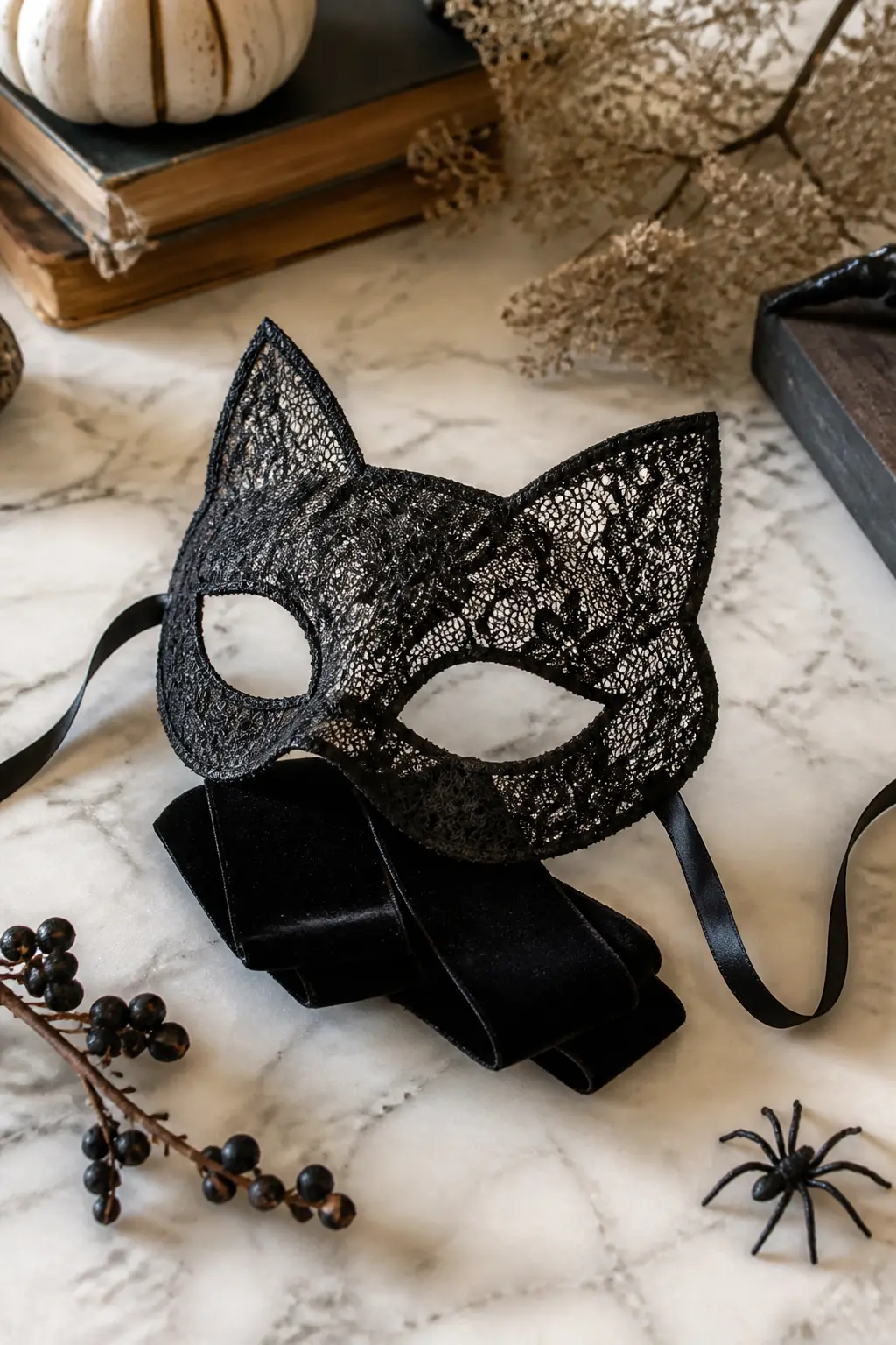 Stiffened Lace Cat Mask — Cut a cat half-mask shape, including pointed ears, from a single piece of heavy black lace fabric. Halloween masks diy
