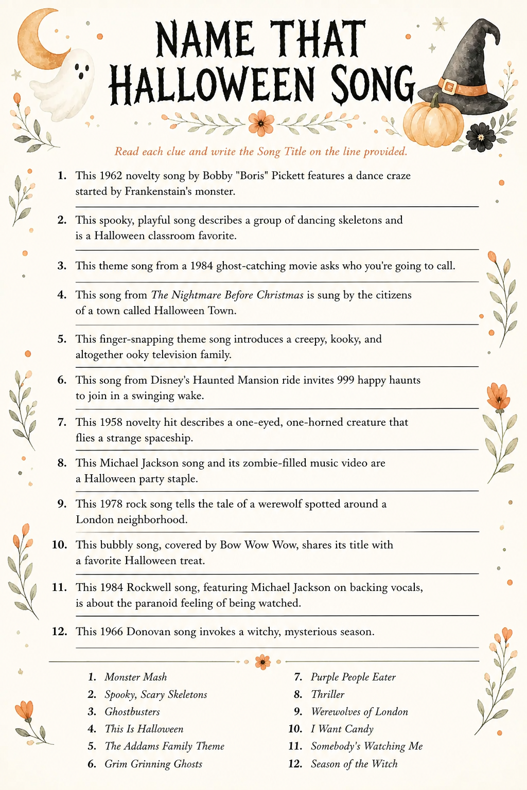 Name That Halloween Song printable