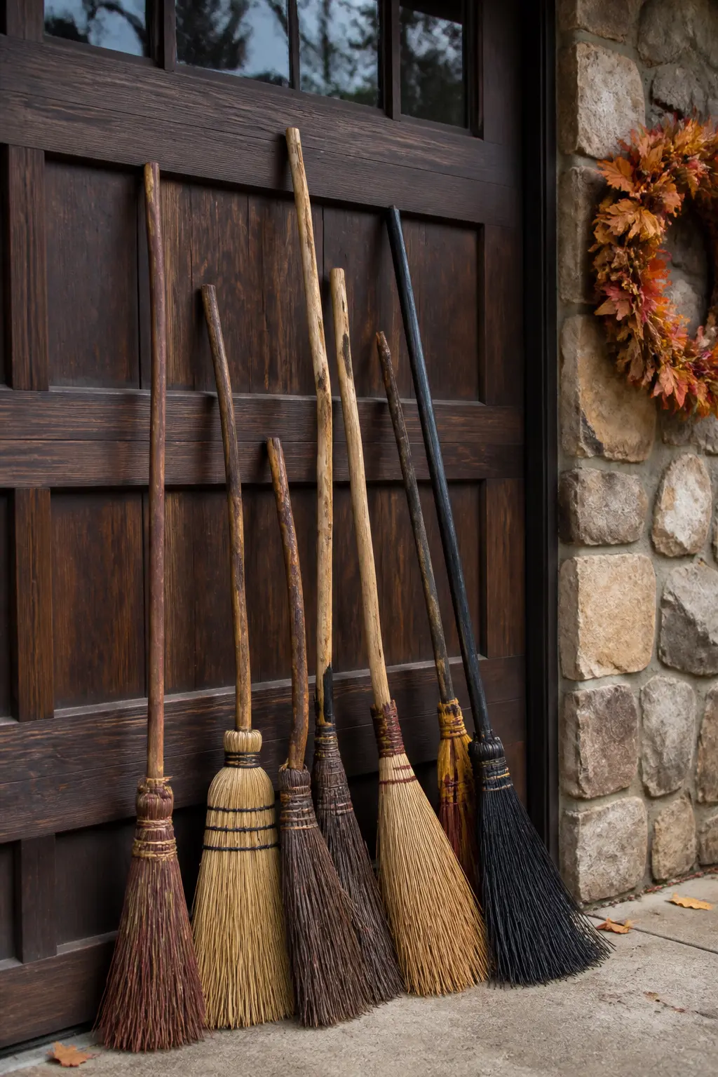Broom Collection Leaned Against the Garage Door
