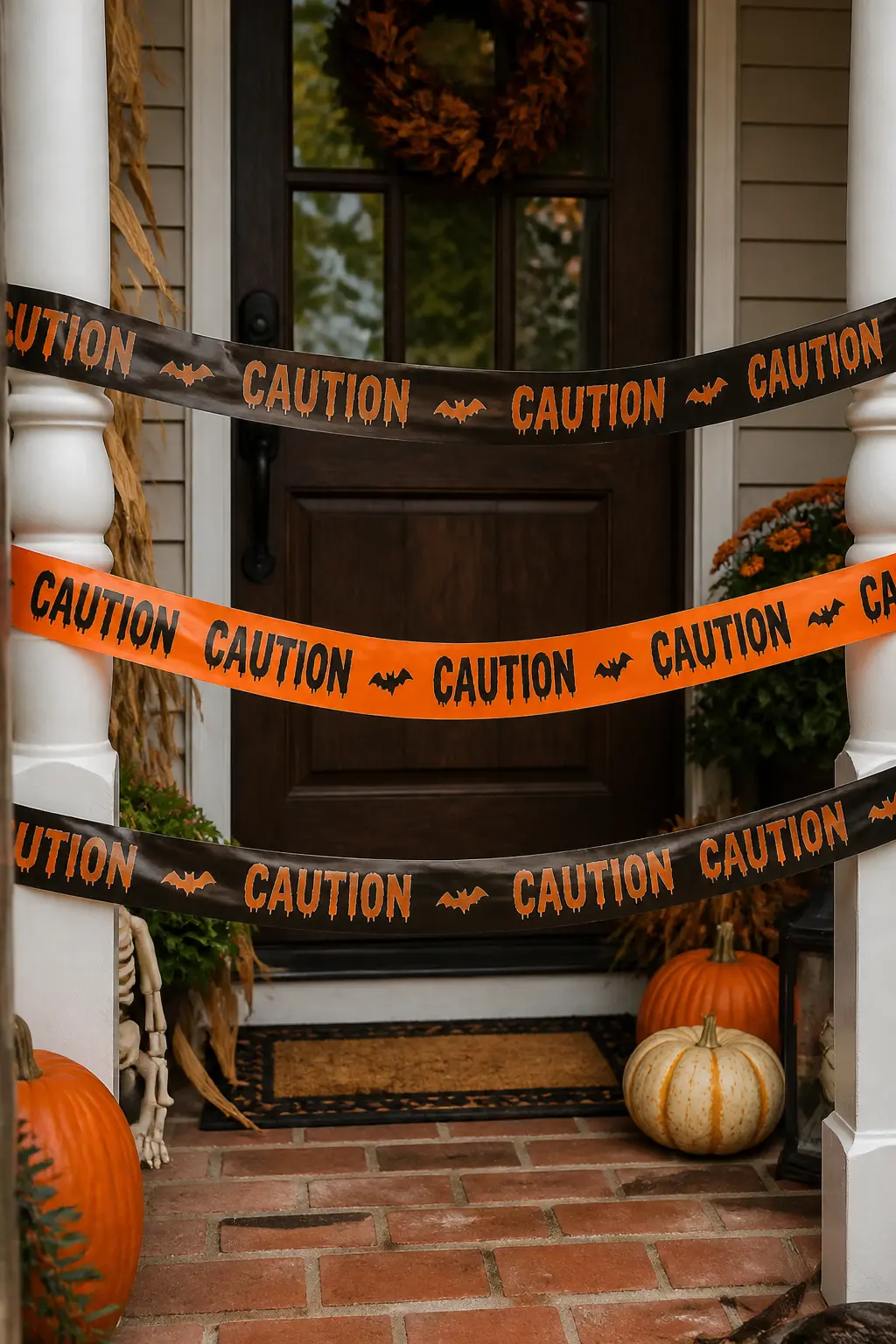 Caution Tape Strung Between Two Porch Posts