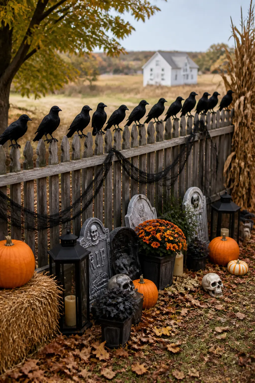Crow Flock Perched Along the Fence Line