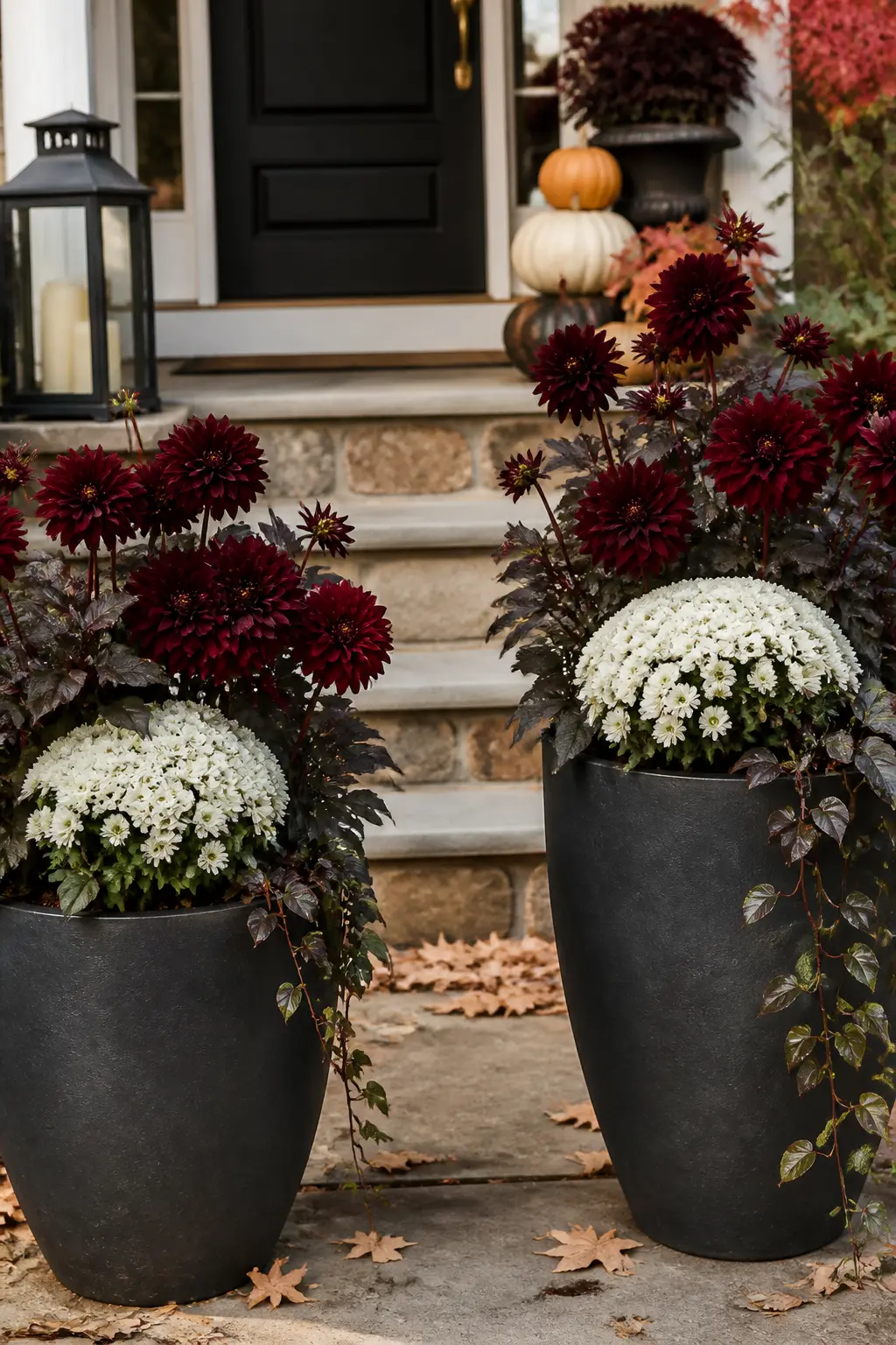 Dark Dahlia Planters Flanking the Walkway