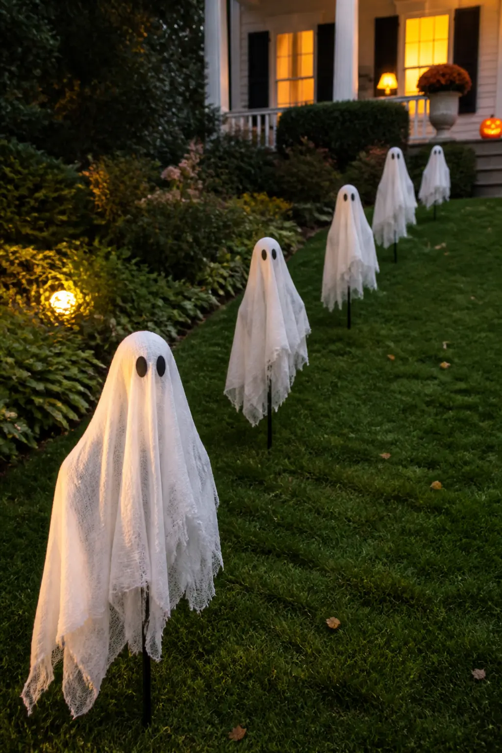 Ghost Figures Staked at Graduated Heights Down the Yard