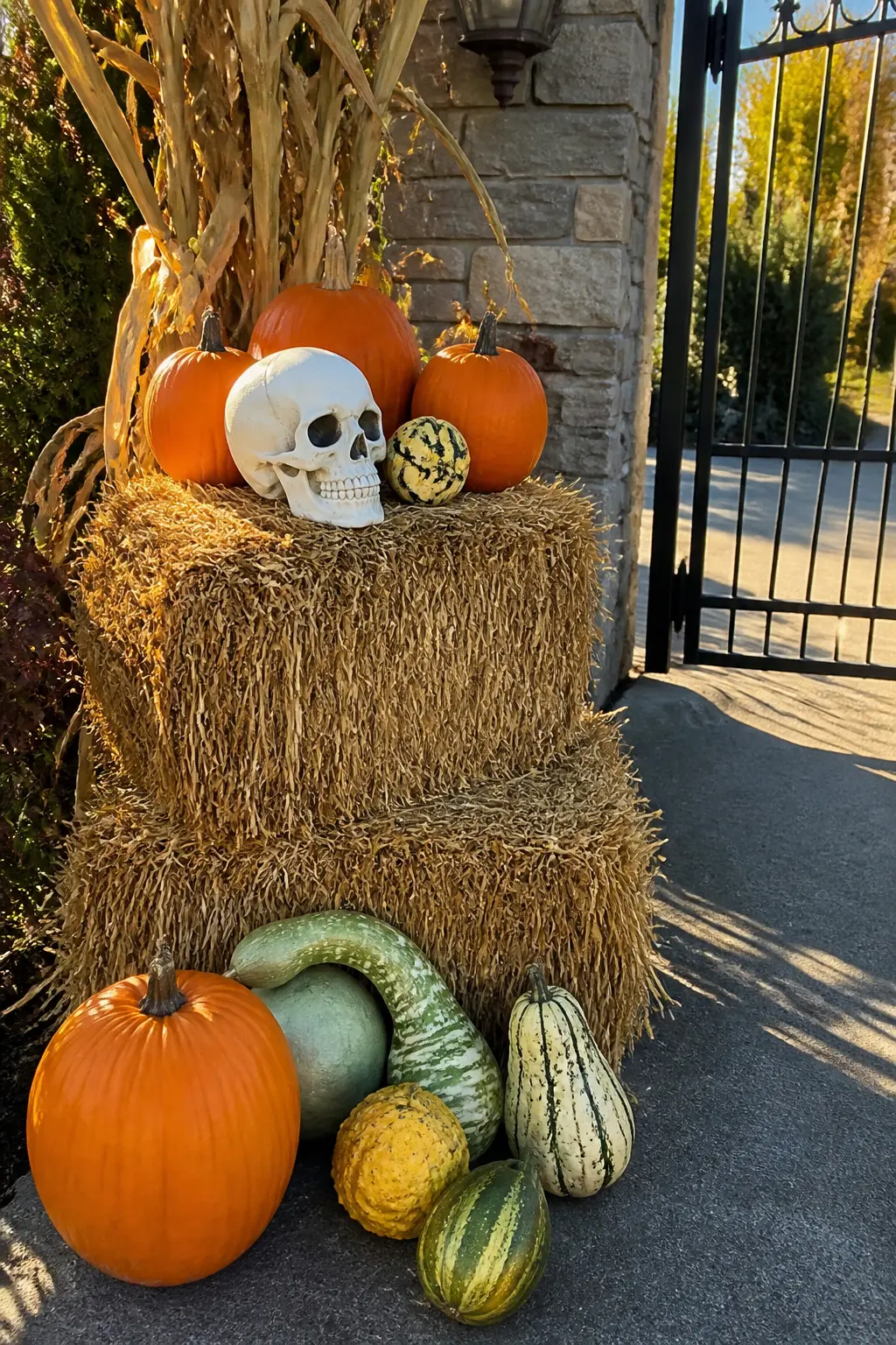 Hay Bales Stacked with Gourds at the Driveway Entrance