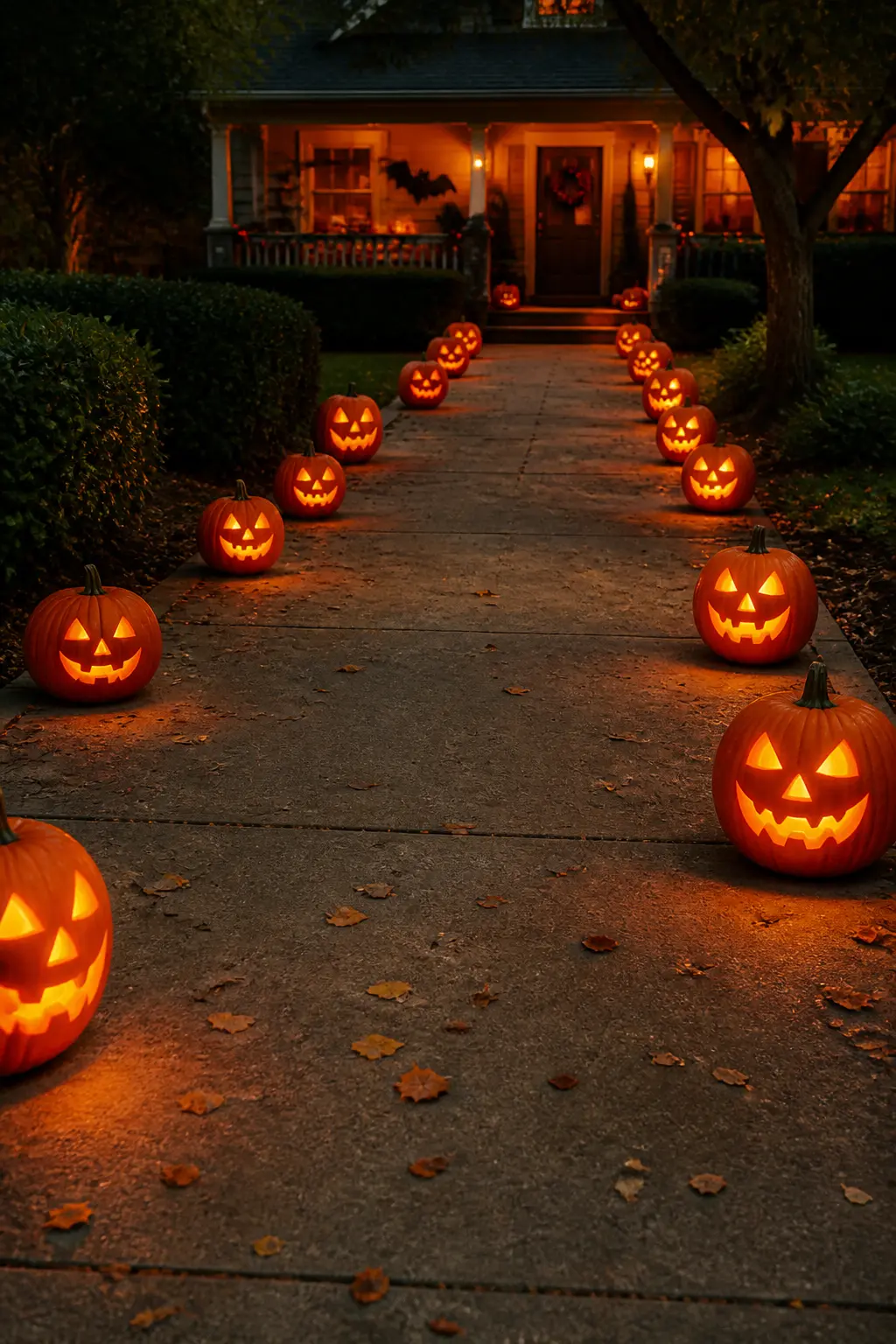 Path of Glowing Jack-o-Lanterns Down the Driveway