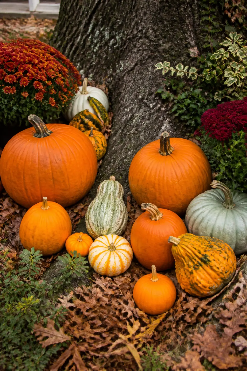 Pumpkin Patch Grouped at the Base of a Tree