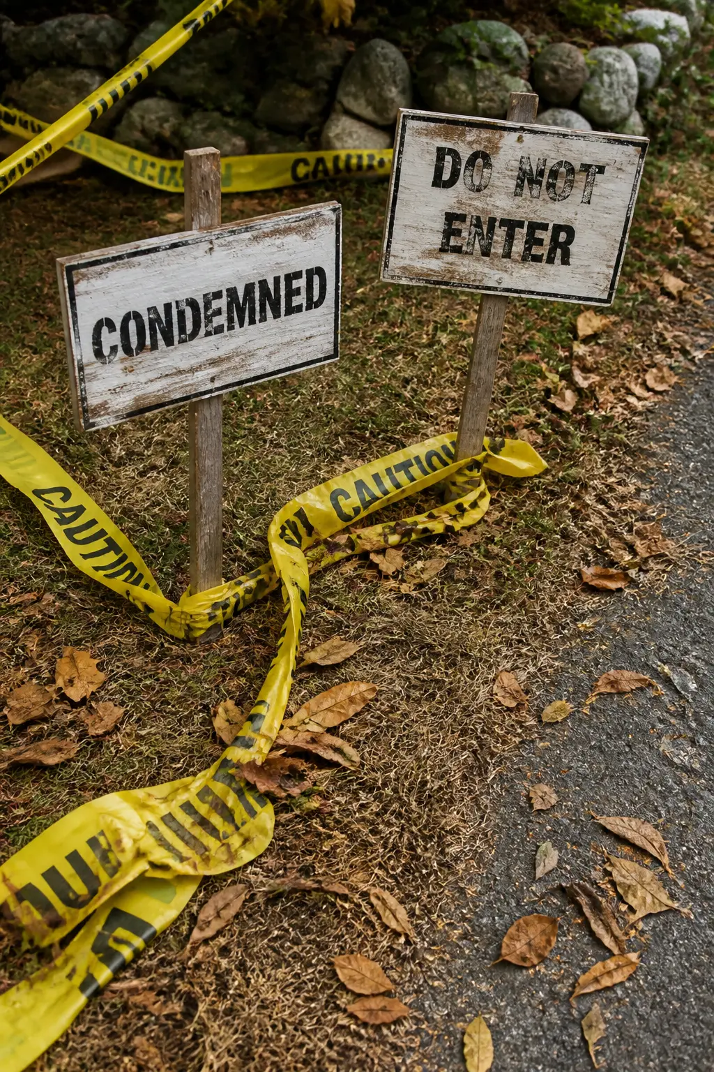 Torn Caution Tape and Printed Warning Signs on Stakes
