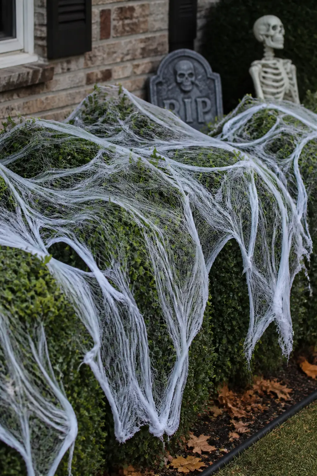 Torn Muslin Draped Over the Shrubs for a Cobweb Effect