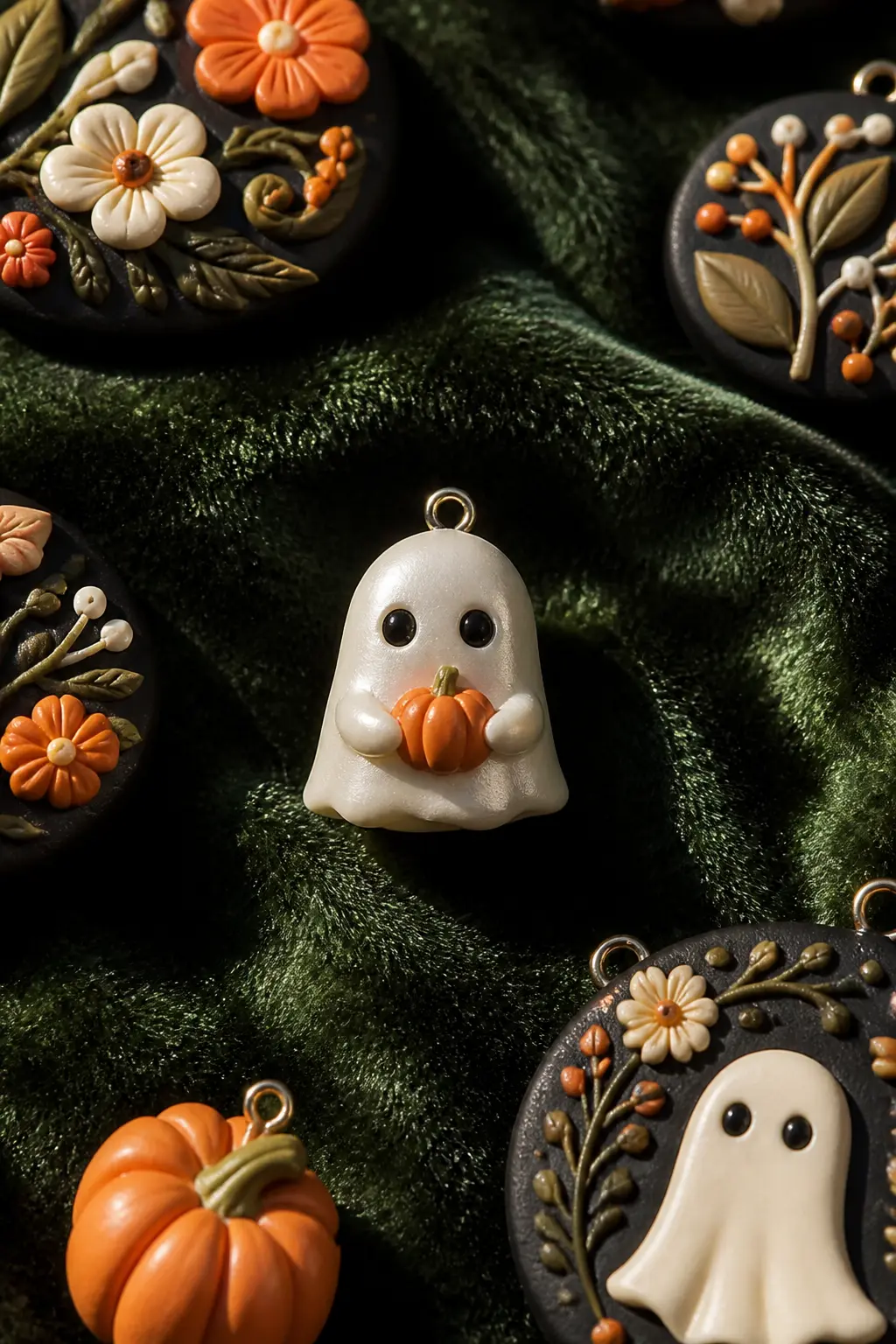 Ghost Holding a Pumpkin Charm — Shape a small teardrop of pearl-white clay into a ghost body: round at the top, slightly wavy at the hem. Halloween polymer