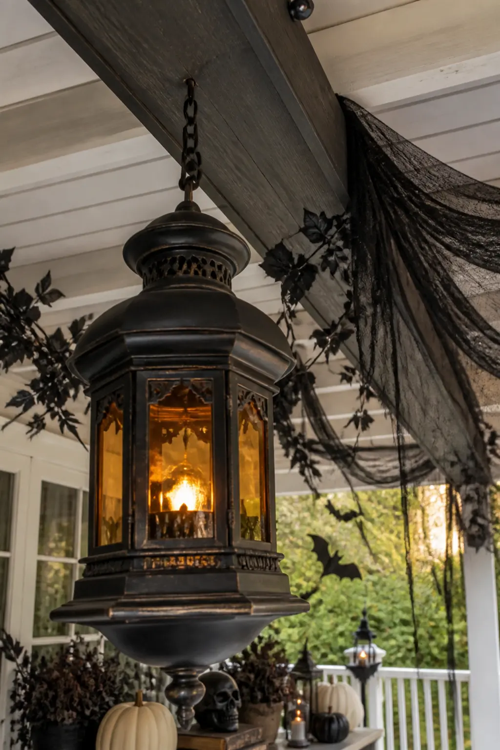 Blackened Brass Lantern Hung From the Porch Beam